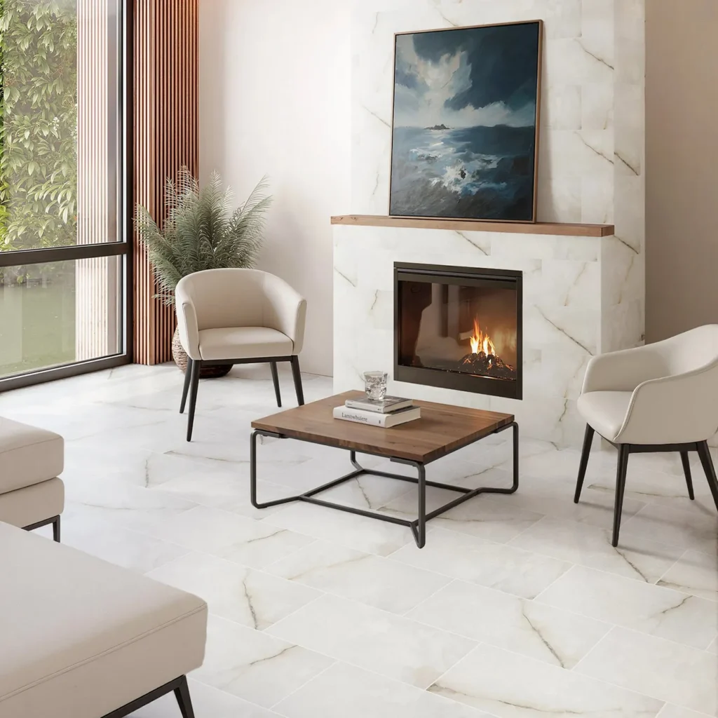Modern sitting room with fireplace and stone-look surround on white marble-look Shaw Floors Astoria Matte tile flooring