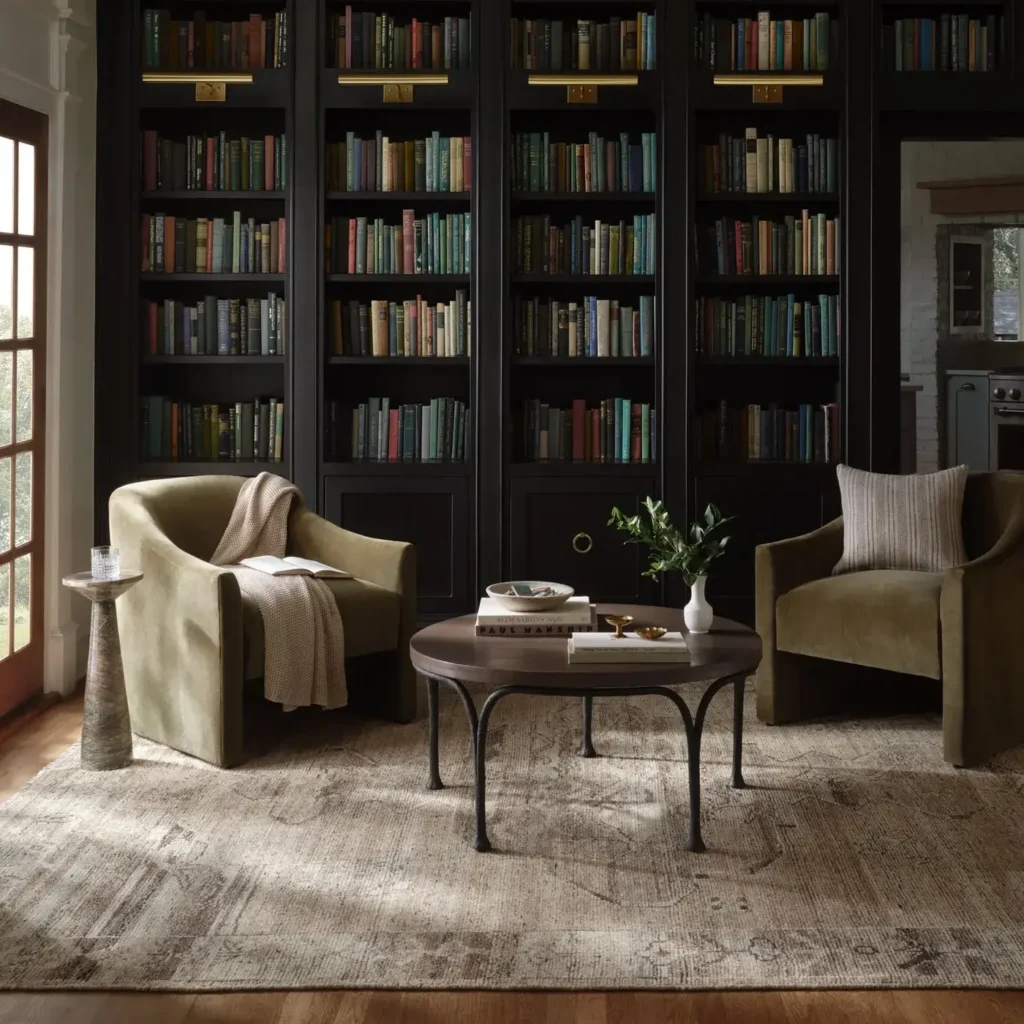 Library sitting area with green armchairs and dark bookcases on a neutral distressed Loloi Abigail Collection area rug