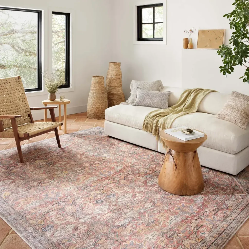 Living room with white sofa and woven chair on a faded red, pink and blue traditional Loloi Adrian Collection area rug