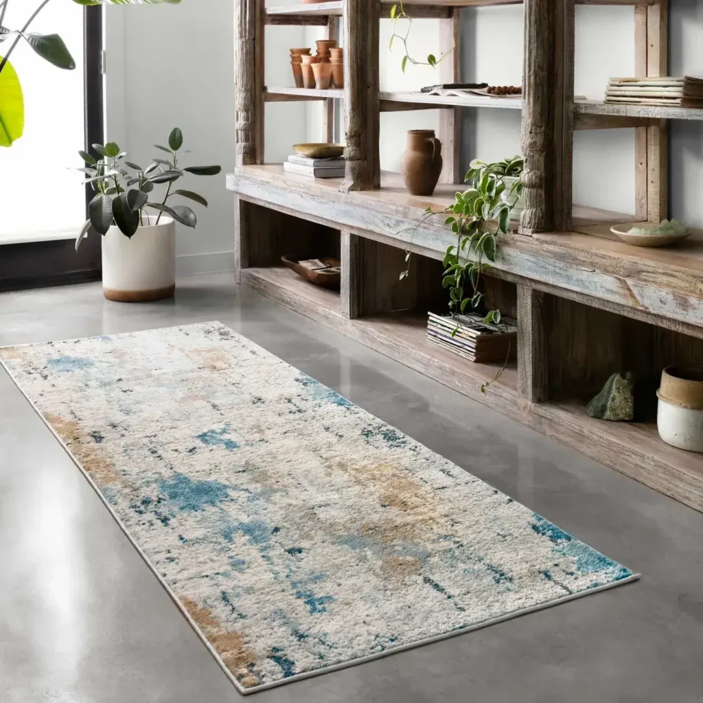 Distressed white, blue and rust abstract Loloi Alchemy Collection runner rug on a concrete floor by wood shelving