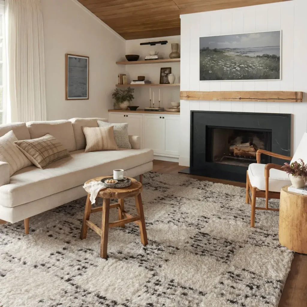 Living room with cream sofa and fireplace on an ivory and charcoal shag Loloi Amira Collection area rug