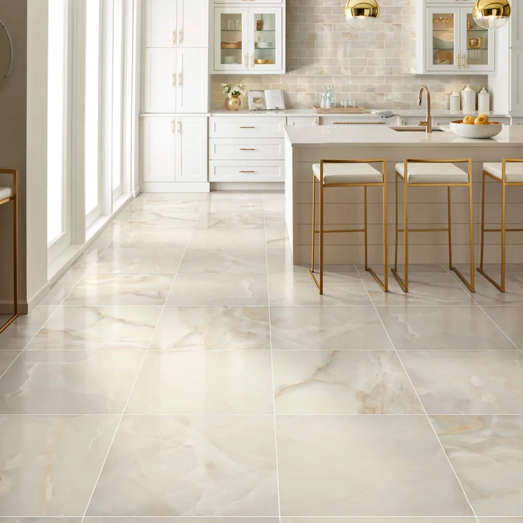 White kitchen with brass bar stools on beige polished Shaw Floors Gemstone Polished tile with subtle veining