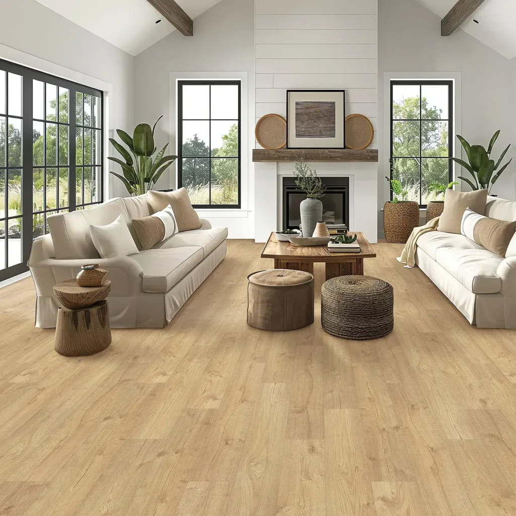 Bright farmhouse living room with cream sofas, woven poufs and fireplace on golden oak-look Mohawk RevWood Select Emberstone Ridge laminate flooring