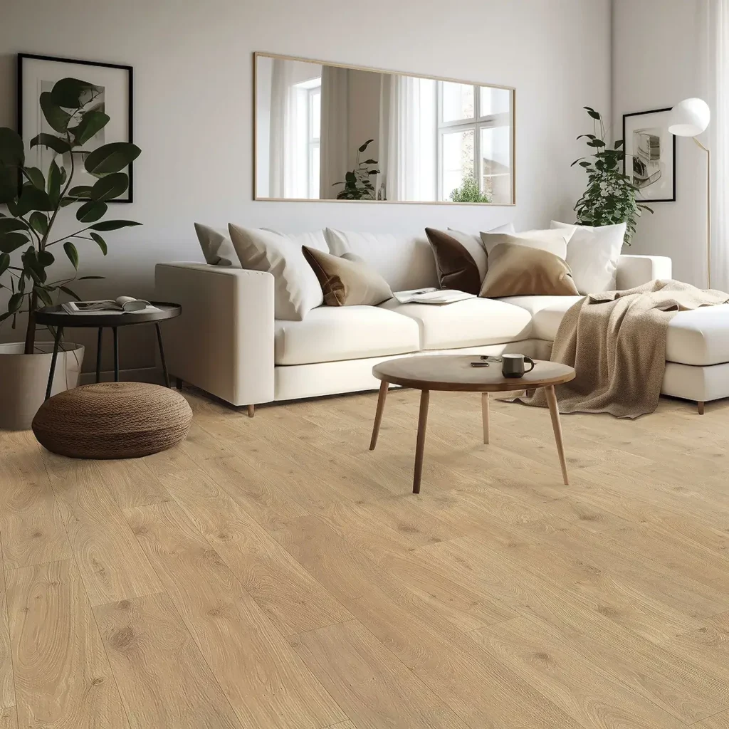 Living room with white sectional sofa, round coffee table and plants on light oak-look Mohawk RevWood Select Gardenia Lake laminate flooring