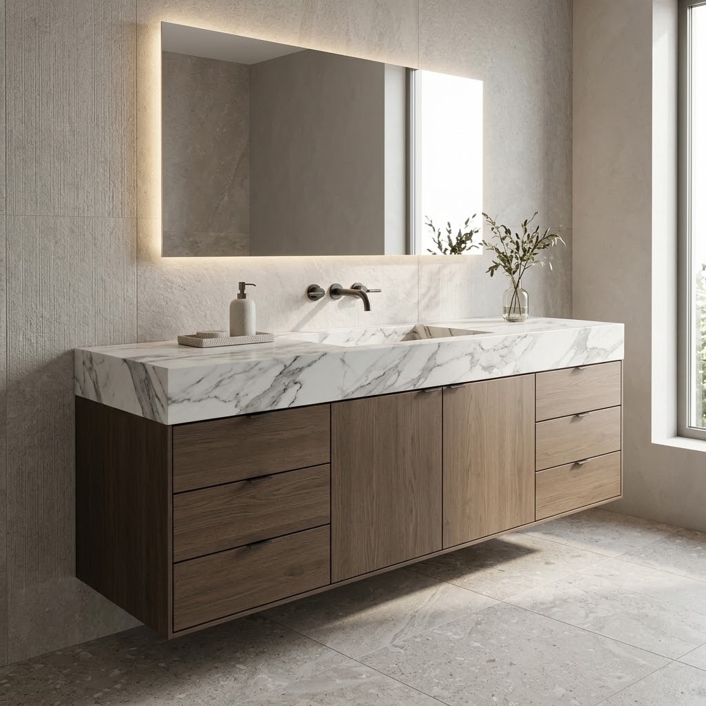 Modern bathroom with a floating wood vanity, marble countertop and backlit mirror