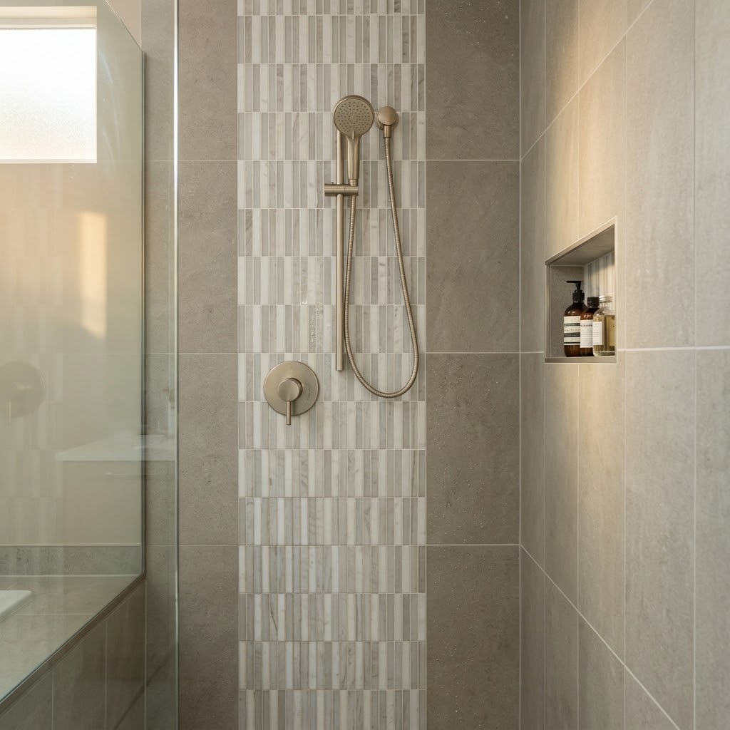 Custom tile shower with a vertical mosaic accent strip and built-in shelf