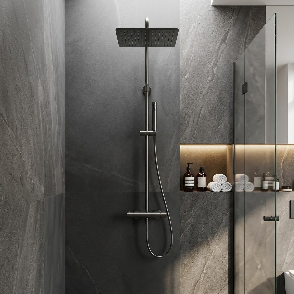 Modern walk-in shower with dark stone tile and a glass door