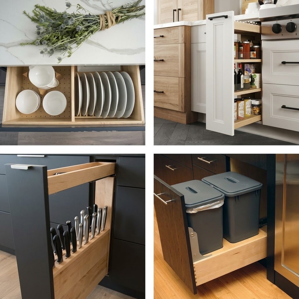 Kitchen cabinet storage accessories including a drawer dish organizer, pull-out pantry, knife organizer and pull-out trash bins