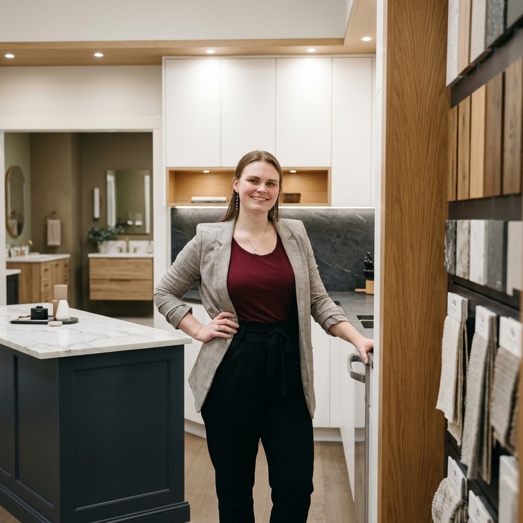 Budget Cabinets design team member standing in a modern cabinet showroom with a marble-topped island and door samples