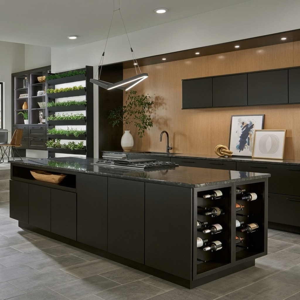 Modern kitchen with matte black cabinetry, a dark island with built-in wine storage and a warm wood accent wall