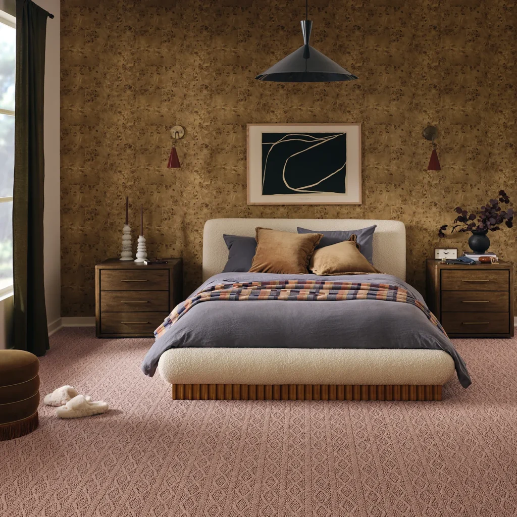 Reddish Anderson Tuftex Crochet carpet in a warm bedroom