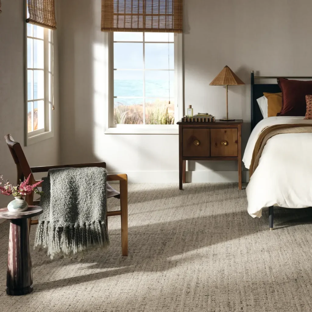 Taupe Anderson Tuftex In Step carpet in a cozy, bright bedroom