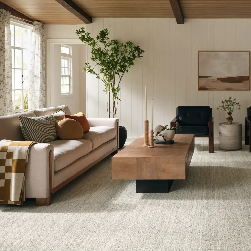 Light textured Anderson Tuftex In Tempo carpet in a neutral living room