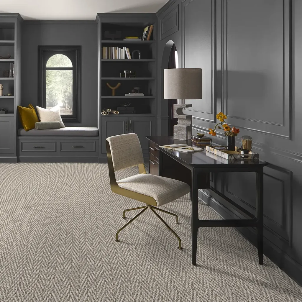 Tan patterned Shaw Floors Always Yours carpet in a home office