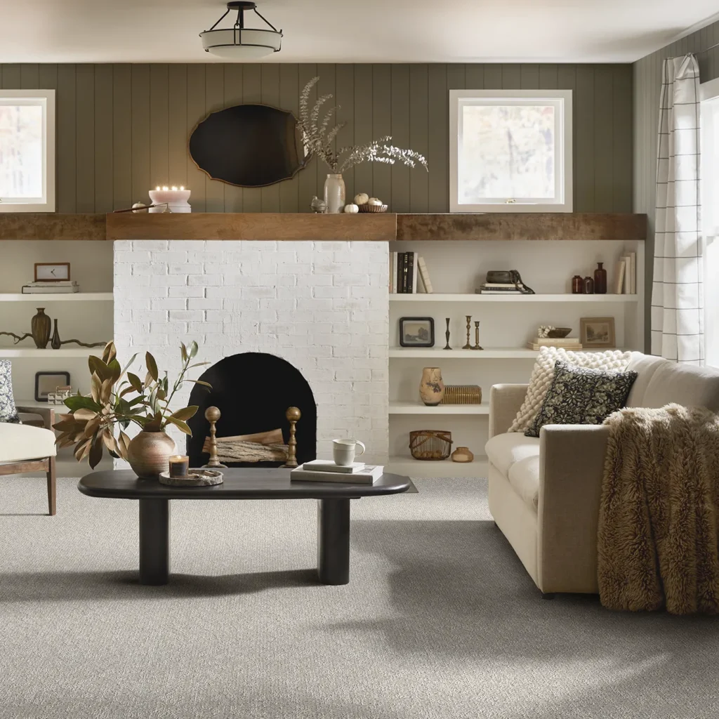 Gray blended Shaw Floors Clever Blend carpet in a sitting area