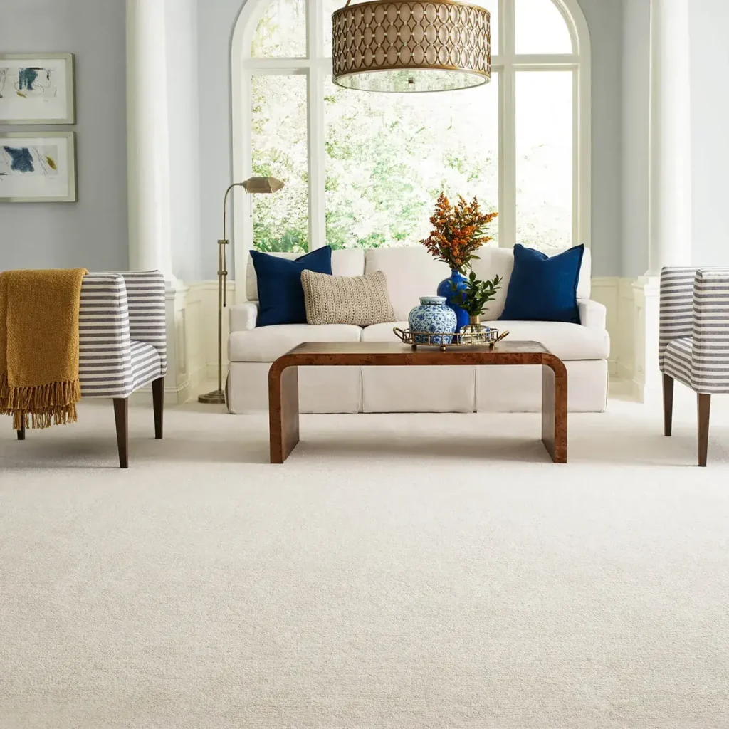 Champagne Shaw Floors Find Your Comfort carpet in a living room