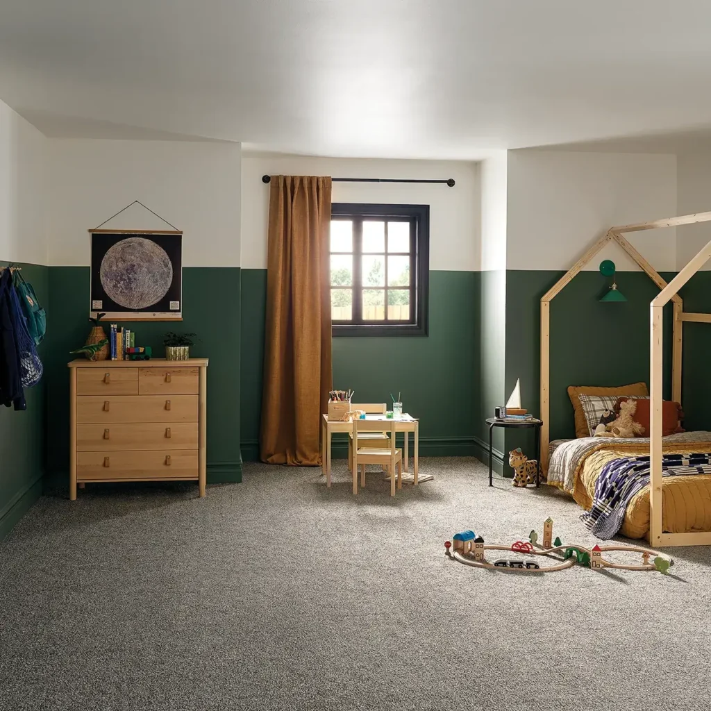 Gray Shaw Floors Tweed Comfort carpet in a warm-colored kids bedroom