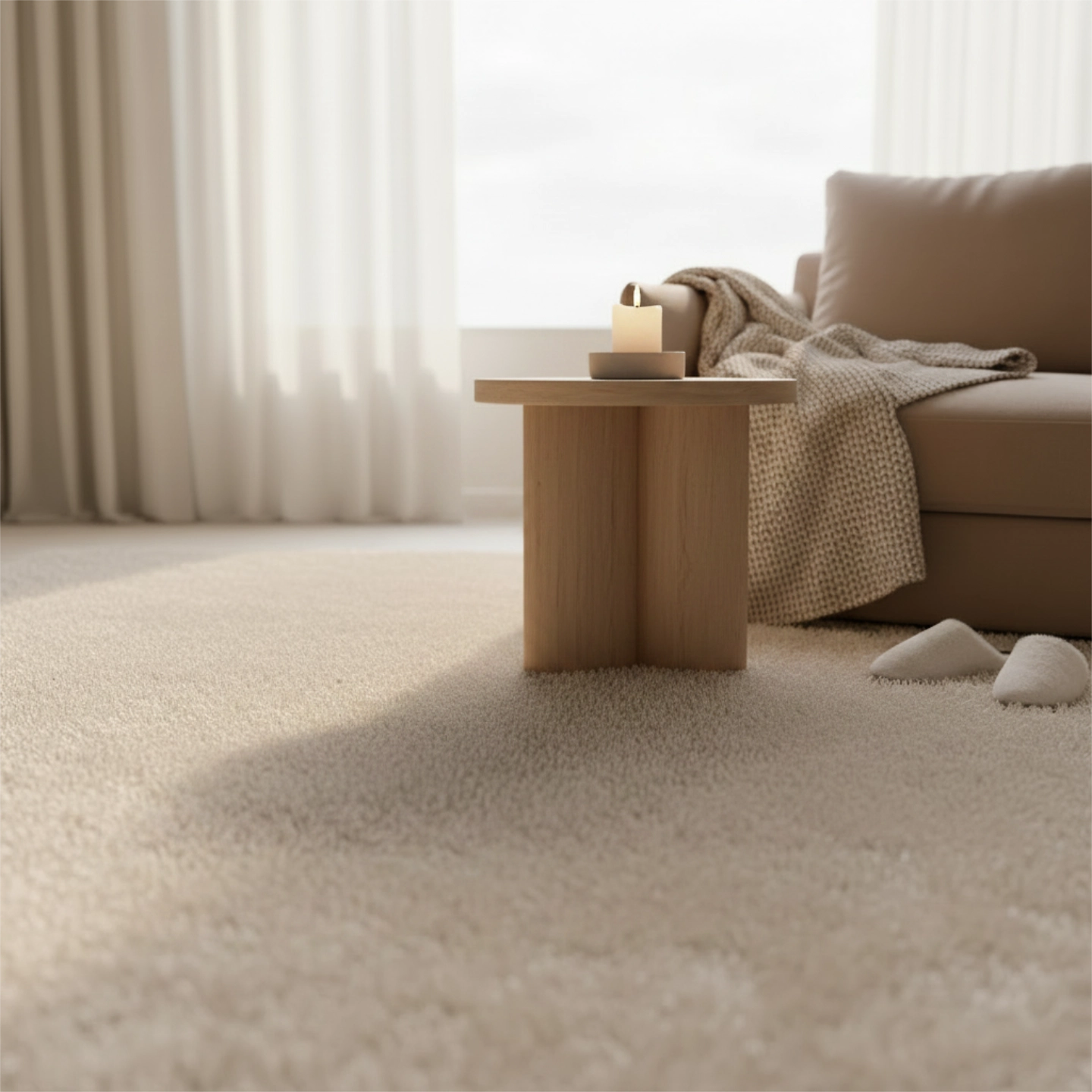 Plush cream carpet in a bright living room with a light wood side table, beige sofa with knit throw and white slippers