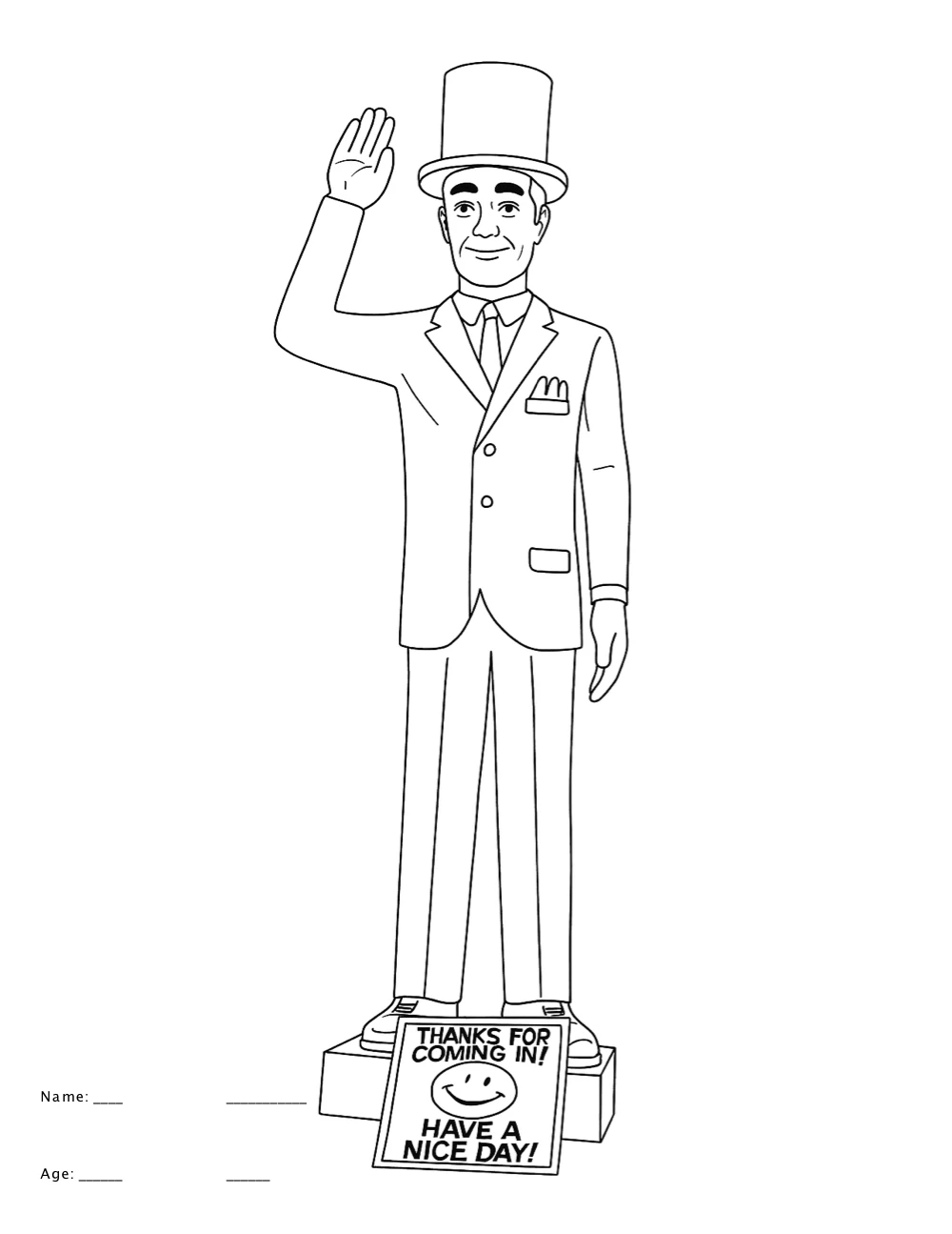 Line drawing coloring page of the Uncle Sam statue in East Longmeadow