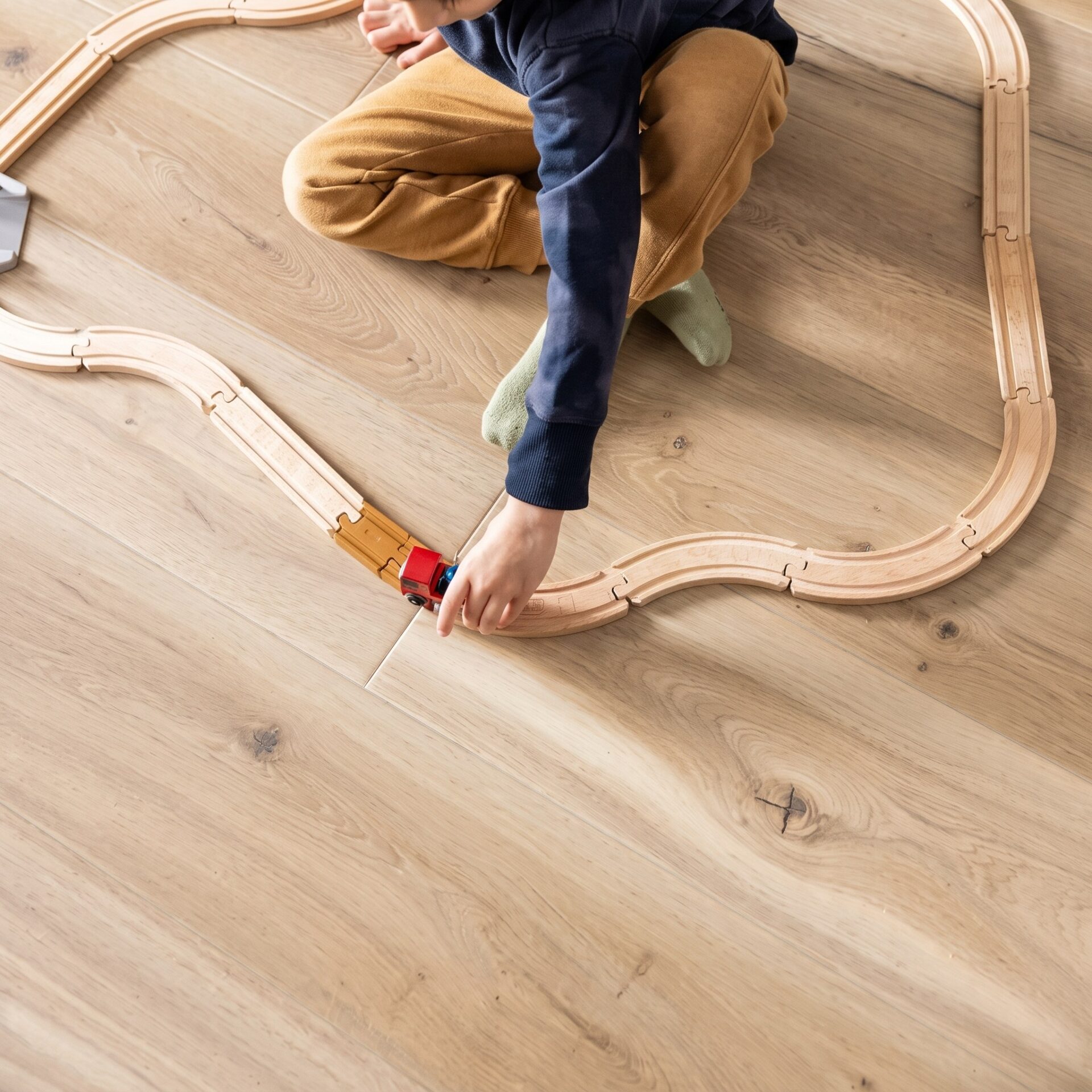 Child playing with a wooden train set on quiet COREtec flooring