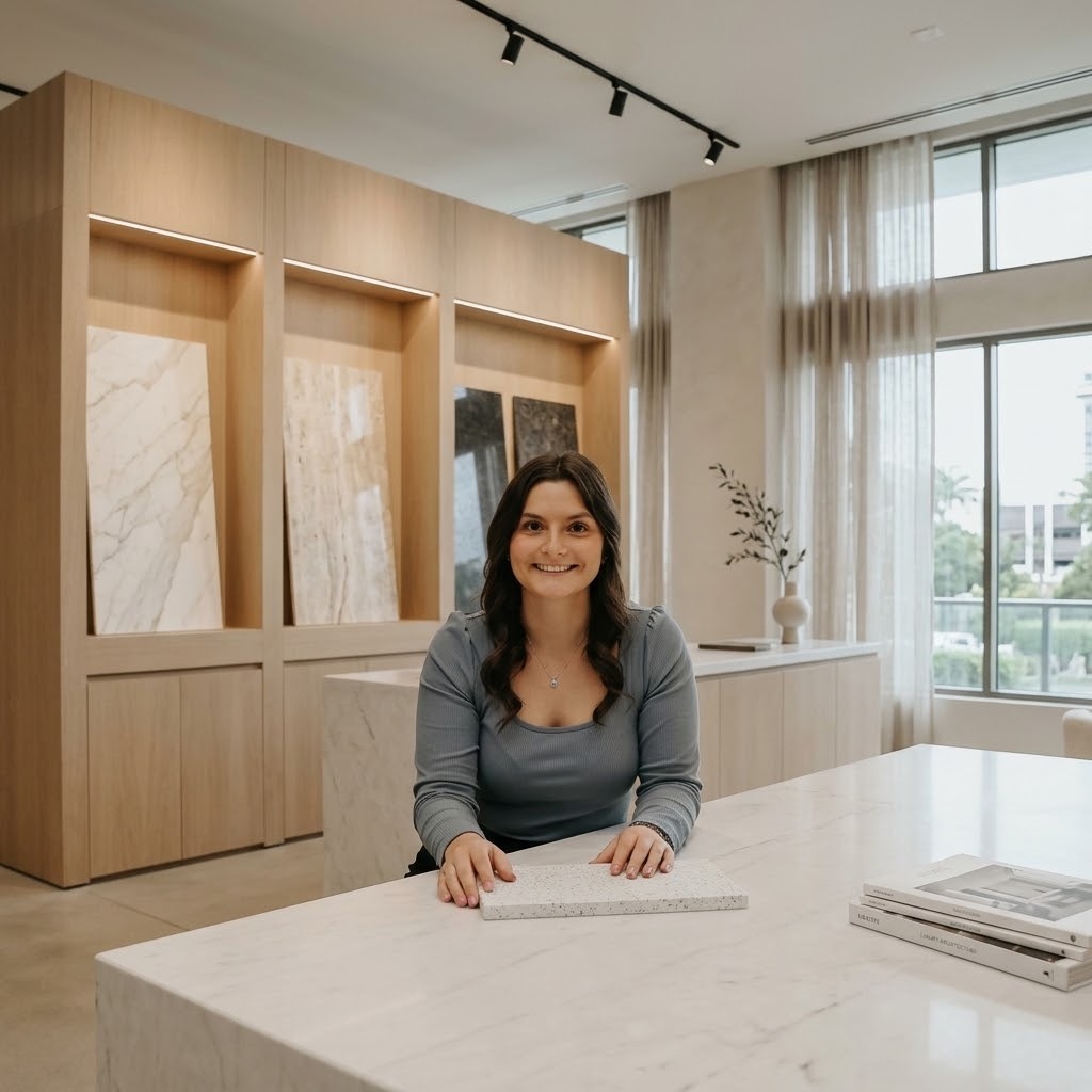Smiling designer holding a quartz countertop sample in a modern luxury countertop showroom