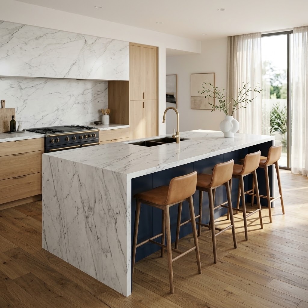 Modern kitchen with white marble waterfall island, navy base, leather bar stools and light wood cabinetry