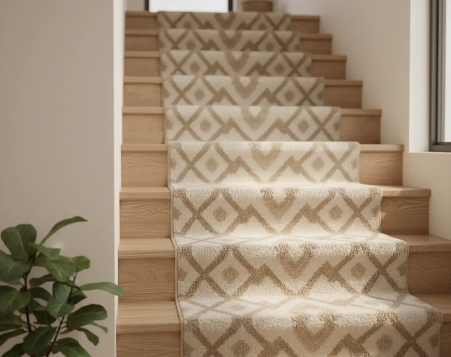 Light oak staircase with a cream and tan geometric-pattern custom stair runner and potted fiddle-leaf fig