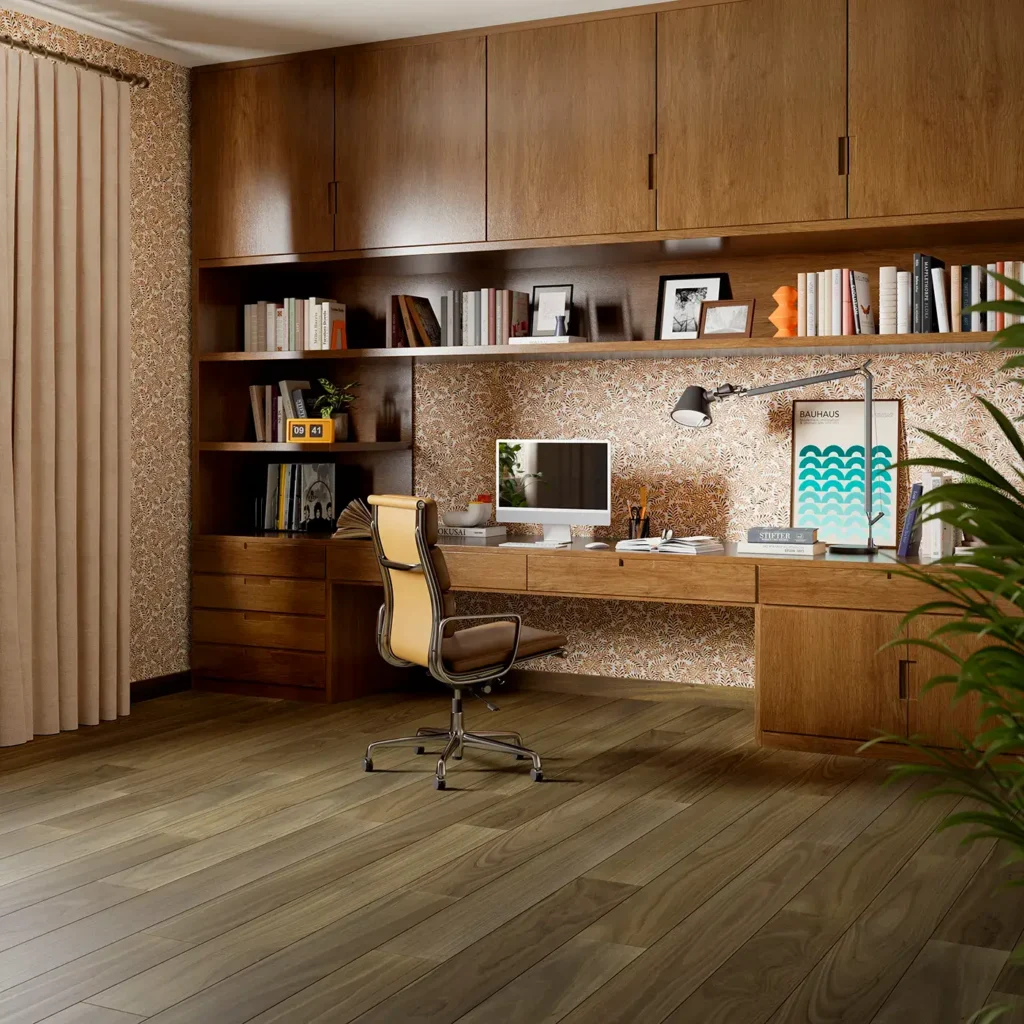 Dark walnut Anderson Tuftex Valencia Walnut hardwood in a home office