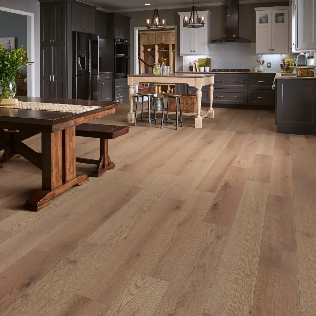 Light brown Shaw Floors Landmark Sliced Oak hardwood in a kitchen