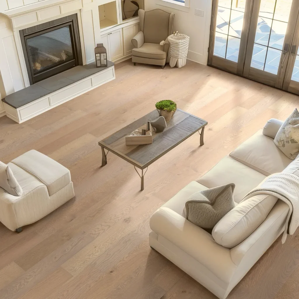 Overhead view of a living room with light Shaw Floors Liberty Oak flooring