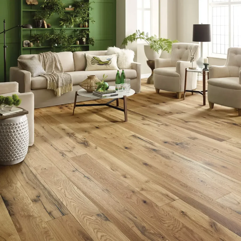 Shaw Floors Reflections White Oak hardwood in a bright living room with white sofas