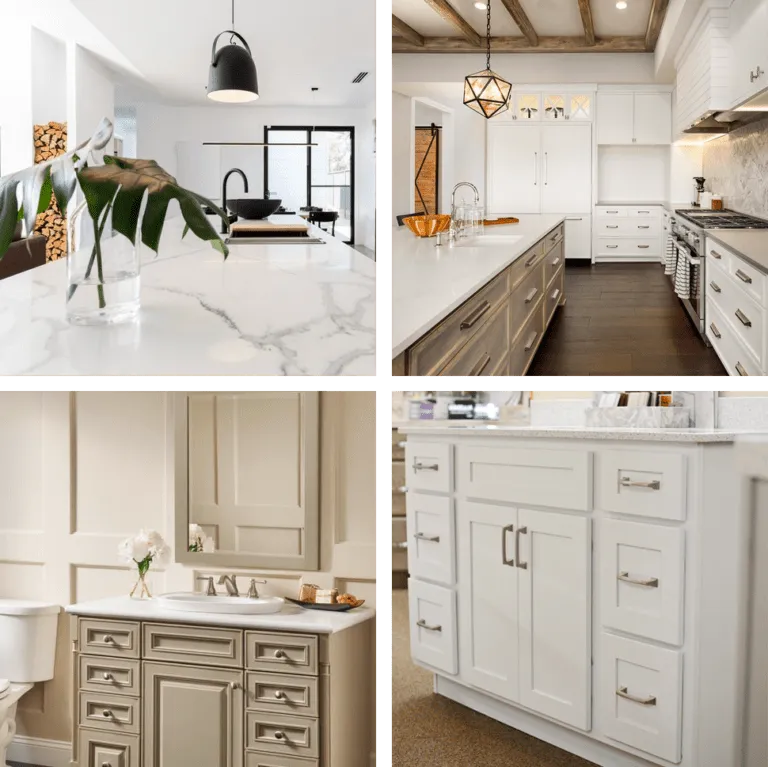 Four-panel collage of modern kitchen and bathroom interior designs.