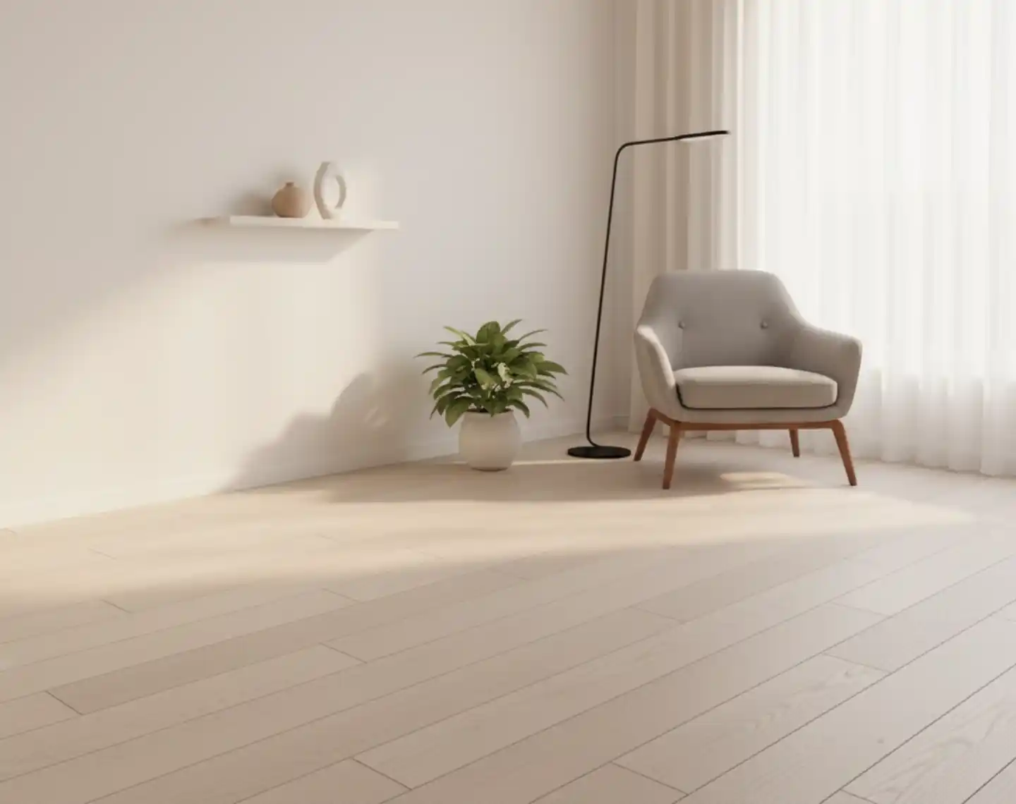 Bright minimalist room with light oak-look laminate plank flooring, grey armchair, black floor lamp and potted plant by sheer curtains