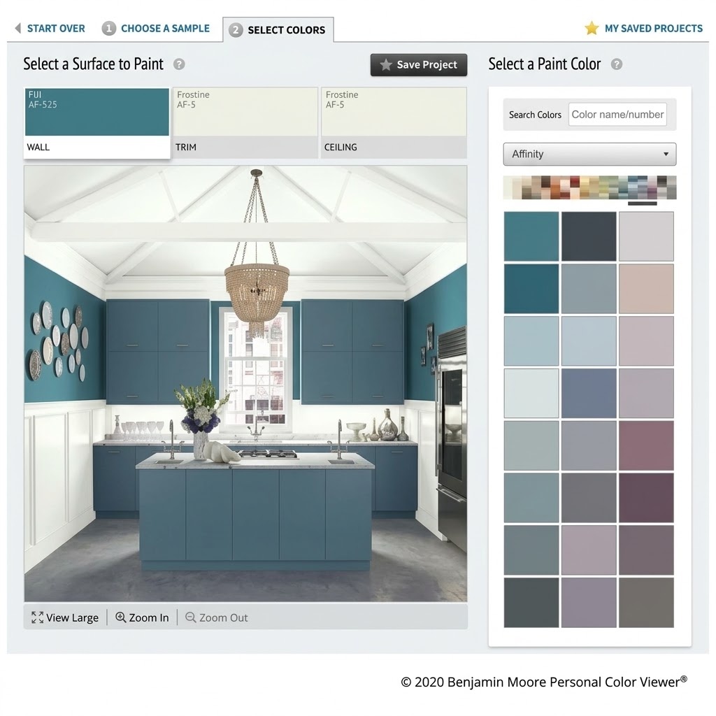 Benjamin Moore Color Viewer previewing paint colors on the walls of a sample room