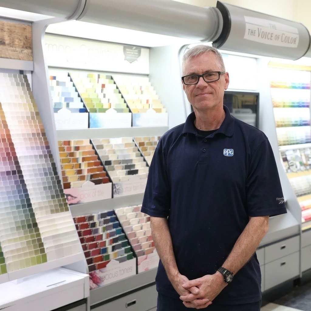Allied paint department associate standing in front of paint color sample displays