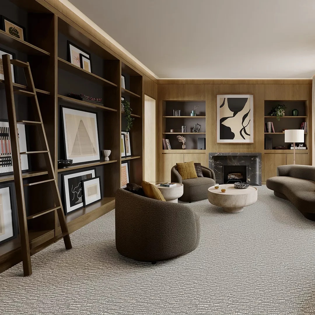 Cozy living room sitting area with soft neutral carpet