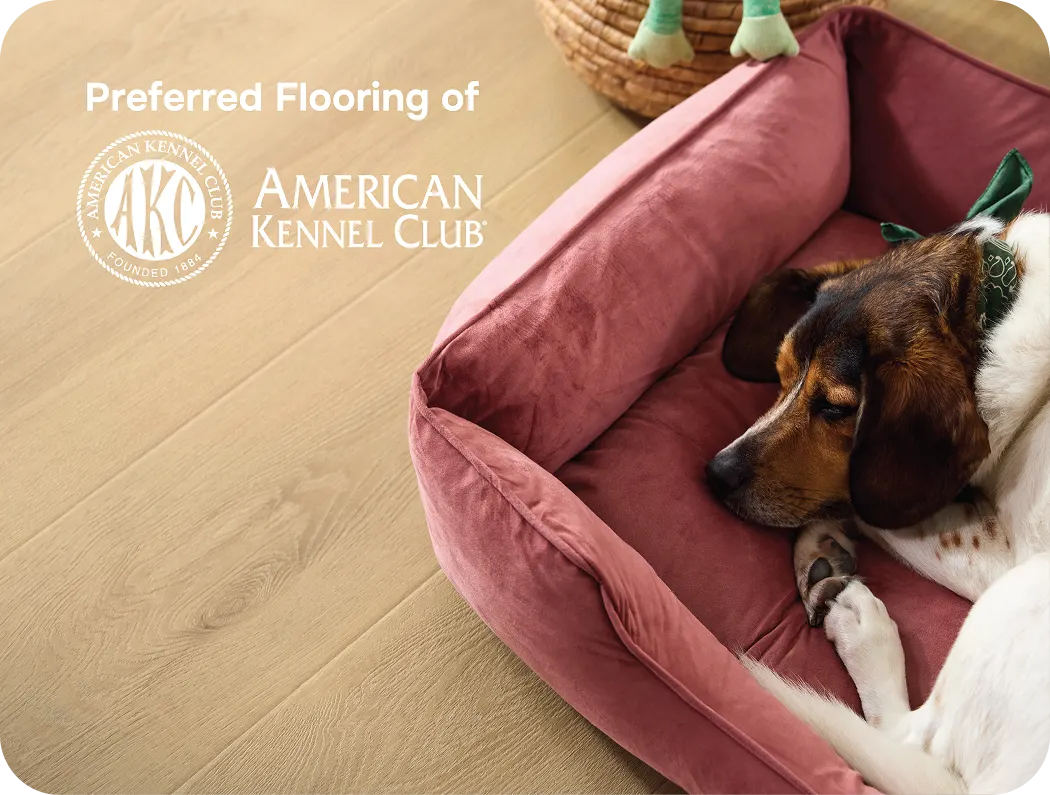 Dog resting in a bed on Shaw floors, Preferred Flooring of the American Kennel Club