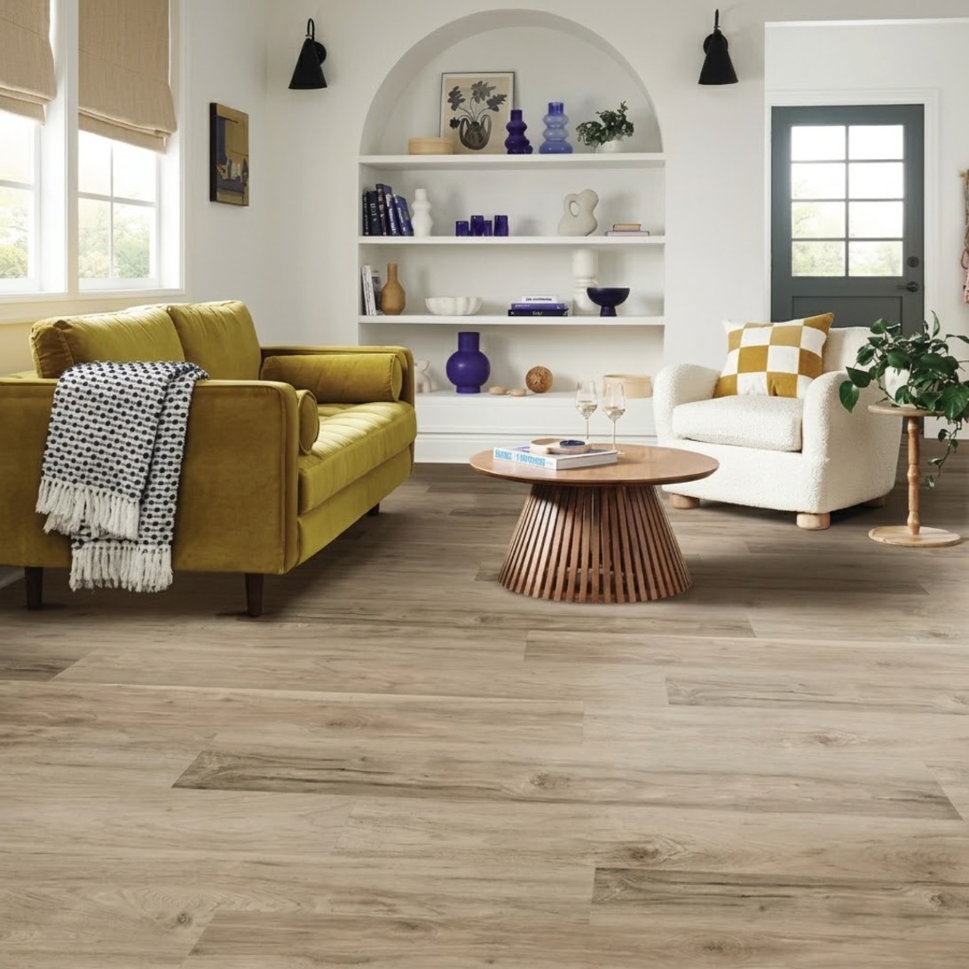 Living room with mustard sofa on Shaw wood-look flooring