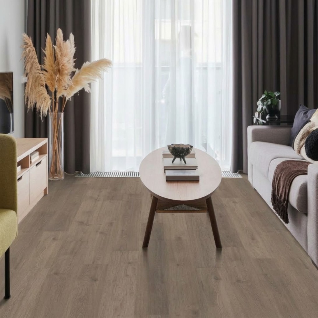 Modern living room with Shaw laminate flooring and oval coffee table