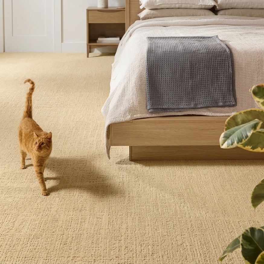 Orange cat walking on easy-to-clean Shaw carpet in a bedroom