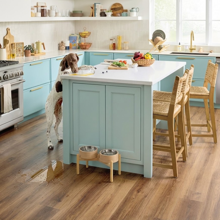 Dog by a kitchen island with a water spill on Shaw waterproof flooring
