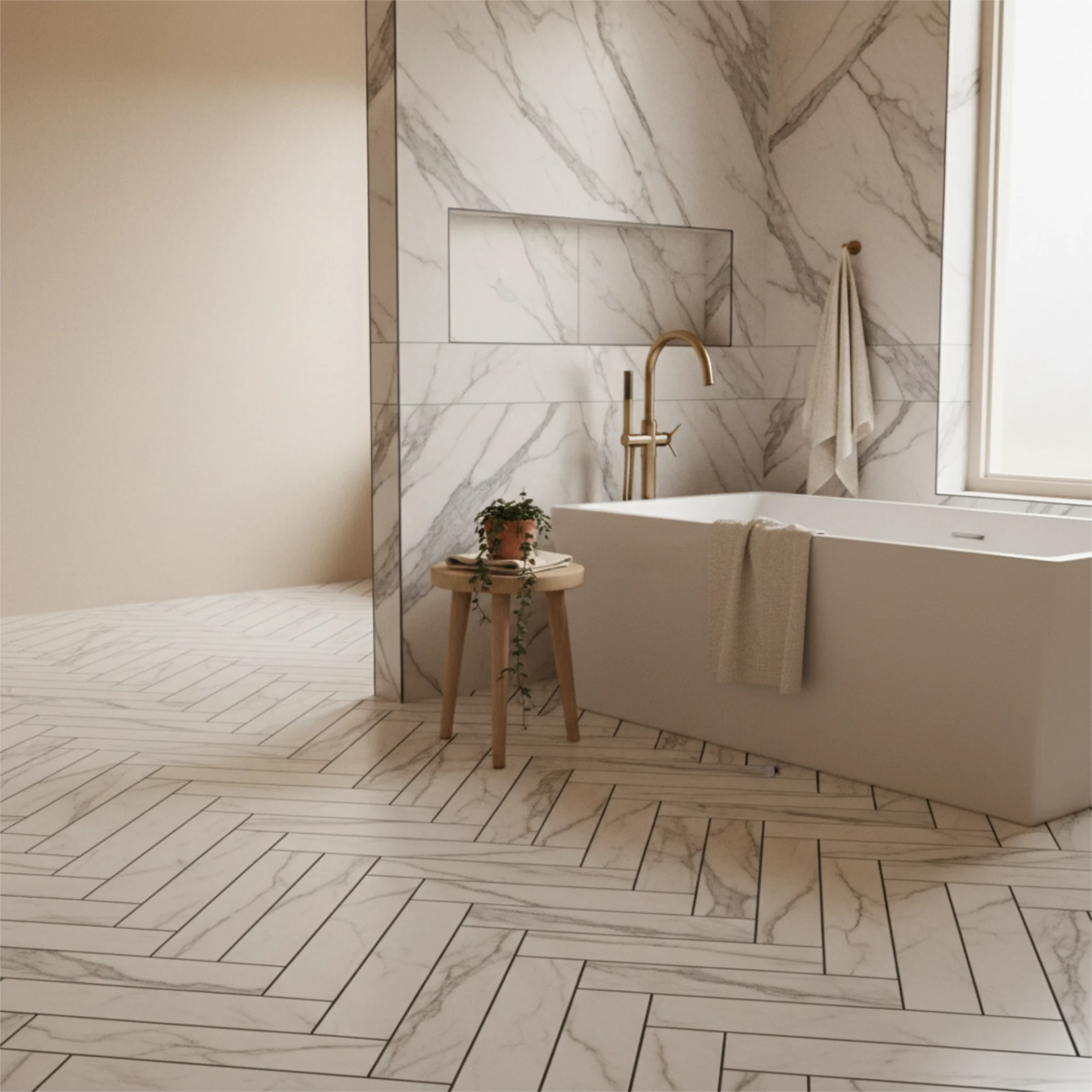 Bright bathroom with marble-look herringbone porcelain floor tile, marble wall tile, freestanding tub with brass faucet and wood stool with plant
