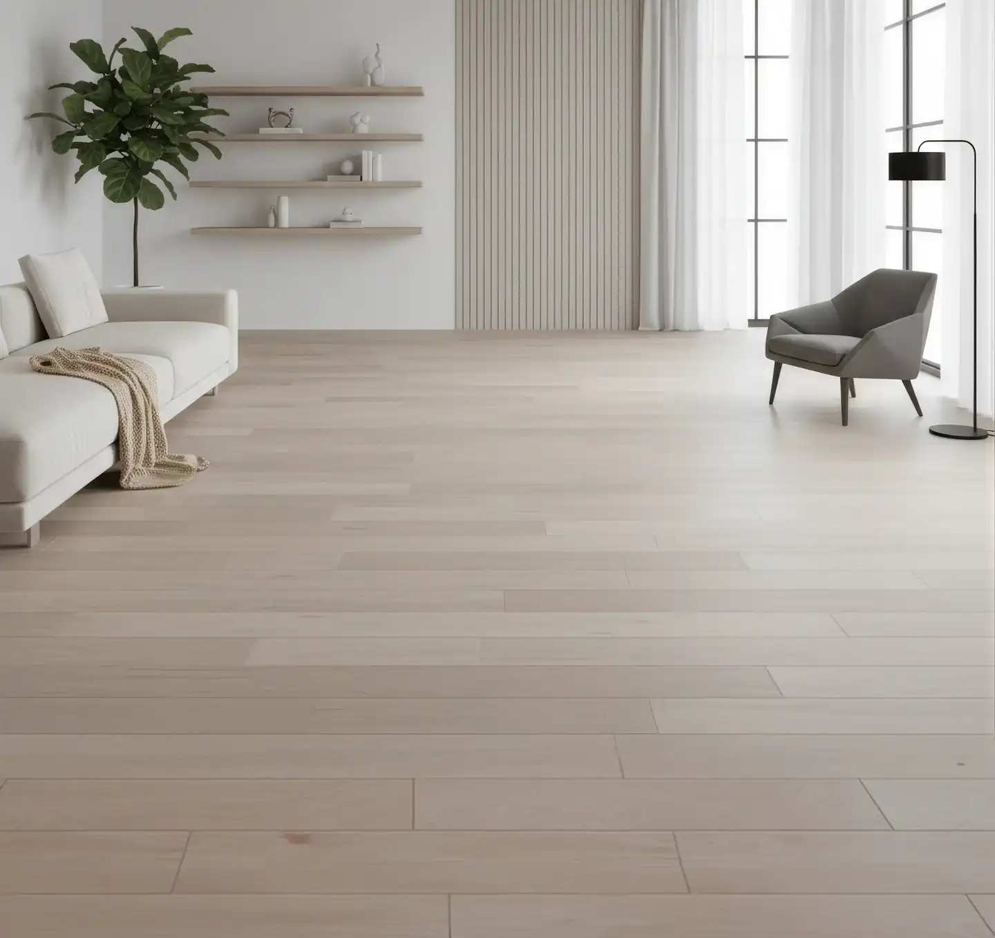 Bright minimalist living room with light wood plank flooring