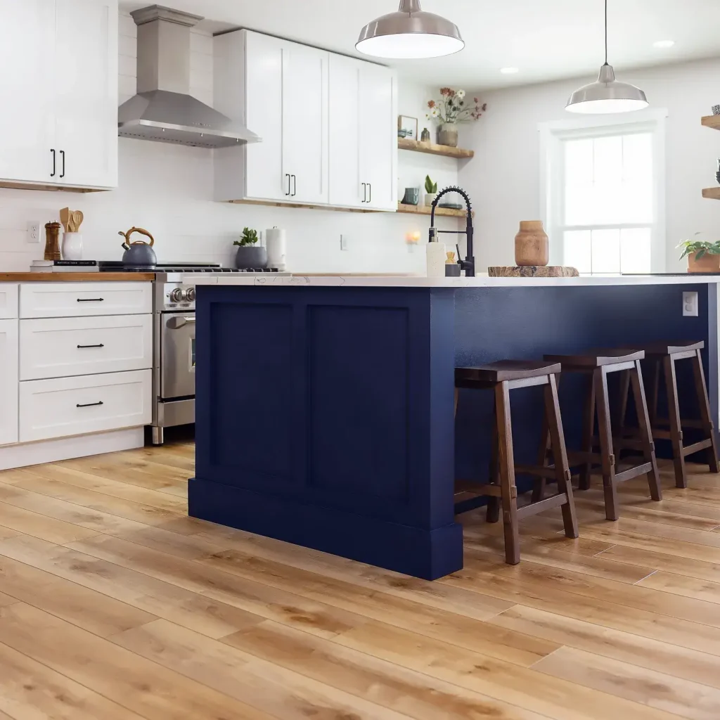 COREtec Manila Oak luxury vinyl in a light natural wood color in a kitchen
