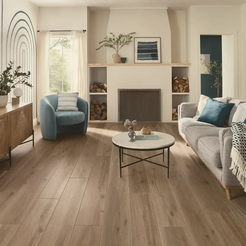 COREtec Parchment Oak luxury vinyl in a medium brown wood tone in a living room